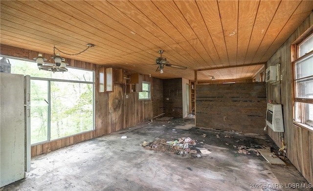 882 Wayne 459 Rd, Mo, MO 63957 - misc room featuring heating unit, wooden walls, wooden ceiling, and a ceiling fan
