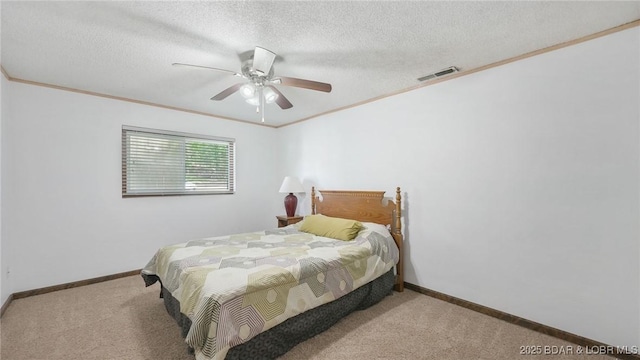 47 Dixie Ln, Sunrise Beach, MO 65079 - carpeted bedroom featuring crown molding, ceiling fan, baseboards, and a textured ceiling