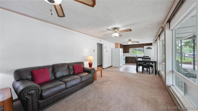 47 Dixie Ln, Sunrise Beach, MO 65079 - living room featuring ceiling fan, light carpet, and a textured ceiling