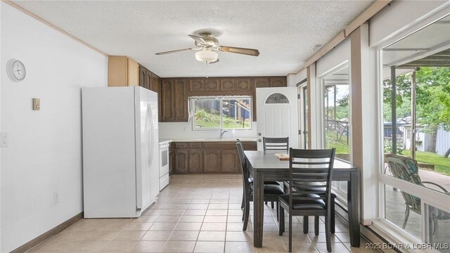 47 Dixie Ln, Sunrise Beach, MO 65079 - dining space featuring a ceiling fan, a textured ceiling, plenty of natural light, and light tile patterned floors