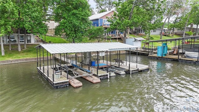 47 Dixie Ln, Sunrise Beach, MO 65079 - dock featuring boat lift, a water view, and stairs