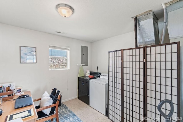29566 Hunter Rd, Gravois Mills, MO 65037 - home office with washing machine and clothes dryer, electric panel, speckle patterned floor, and baseboards