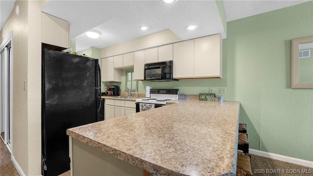 86 Henrys Way Unit 2A, Linn Creek, MO 65052 - kitchen with black appliances, a textured wall, a peninsula, baseboards, and carpet