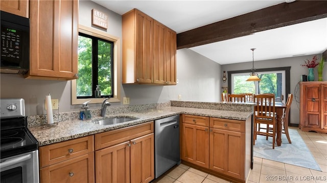 62 Durham Ct, Four Seasons, MO 65049 - kitchen featuring stainless steel appliances, a sink, beamed ceiling, light tile patterned floors, and a peninsula