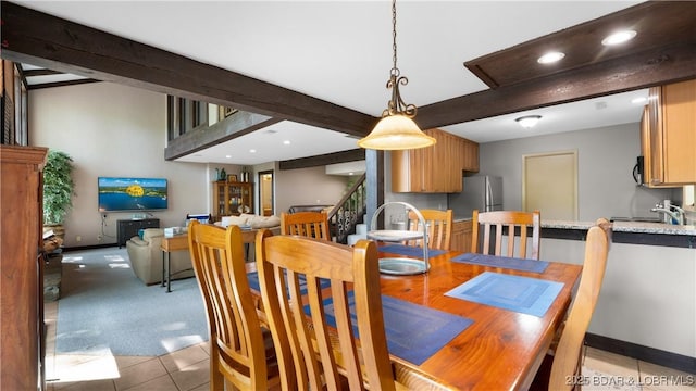 62 Durham Ct, Four Seasons, MO 65049 - dining room with recessed lighting, beamed ceiling, light tile patterned flooring, light colored carpet, and baseboards