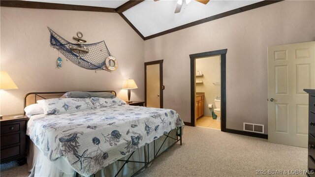 62 Durham Ct, Four Seasons, MO 65049 - bedroom with light carpet, vaulted ceiling, ensuite bath, a ceiling fan, and baseboards