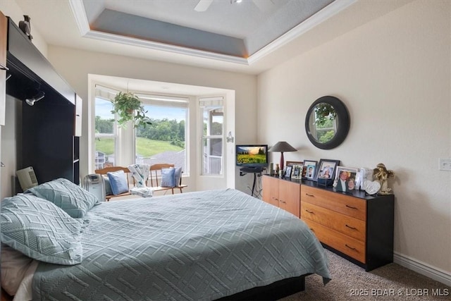 879 Great Ship St, Osage Beach, MO 65065 - carpeted bedroom with a raised ceiling, ceiling fan, and baseboards