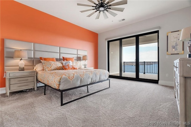 166 Captiva Dr Unit 8B, Sunrise Beach, MO 65079 - bedroom featuring carpet floors, access to exterior, baseboards, and ceiling fan