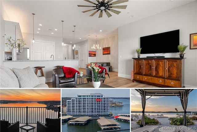 166 Captiva Dr Unit 8B, Sunrise Beach, MO 65079 - living area featuring ceiling fan, a chandelier, light wood-style floors, recessed lighting, and baseboards