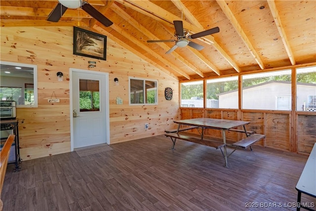 30734 Ottersway Rd, Gravois Mills, MO 65037 - dining area featuring ceiling fan, plenty of natural light, wooden walls, and wood finished floors