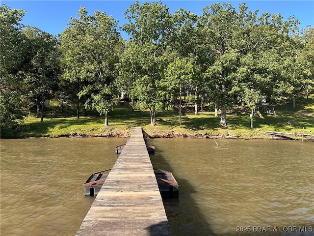33722 Waterfront Dr, Stover, MO 64078 - dock with a water view and view of wooded area