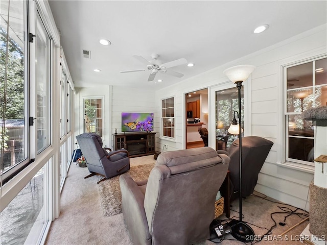 204 Wellington Ln, Laurie, MO 65037 - living area featuring light carpet, recessed lighting, and a ceiling fan