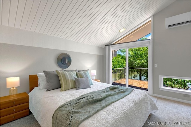 491 Walkers Cay, Osage Beach, MO 65065 - carpeted bedroom featuring a wall mounted air conditioner, access to exterior, vaulted ceiling, multiple windows, and wooden ceiling