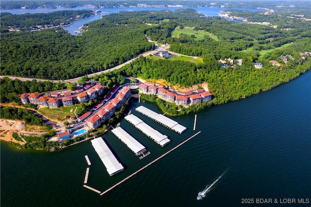 184 E Palisades Condo Dr Unit 4A, Lake Ozark, MO 65049 - aerial view of property and surrounding area featuring a heavily wooded area and a large body of water