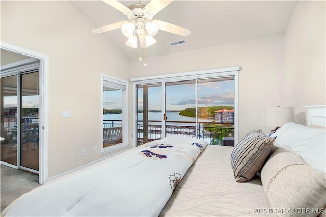 184 E Palisades Condo Dr Unit 4A, Lake Ozark, MO 65049 - bedroom featuring access to exterior, lofted ceiling, a water view, and a ceiling fan