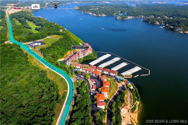 184 E Palisades Condo Dr Unit 4A, Lake Ozark, MO 65049 - aerial view of property and surrounding area with a large body of water and a forest