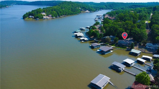 55 Shagbark Dr, Sunrise Beach, MO 65079 - aerial view of a large body of water and a heavily wooded area