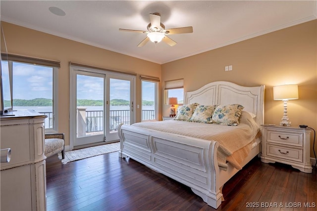 55 Shagbark Dr, Sunrise Beach, MO 65079 - bedroom featuring access to outside, dark wood finished floors, crown molding, a water view, and a ceiling fan