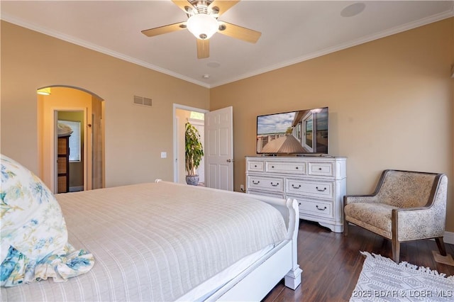 55 Shagbark Dr, Sunrise Beach, MO 65079 - bedroom featuring arched walkways, dark wood-style flooring, ornamental molding, and ceiling fan