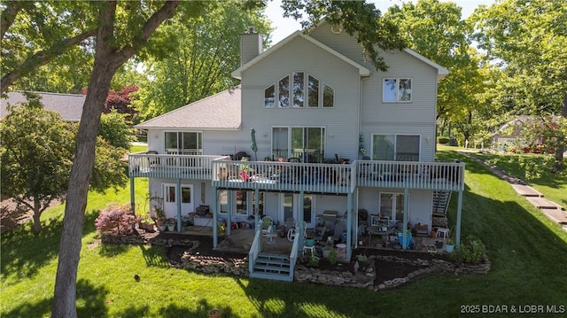 1396 Robyn Ct, Osage Beach, MO 65065 - back of property featuring a chimney, a lawn, a deck, and a patio
