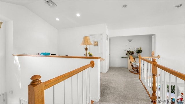 1396 Robyn Ct, Osage Beach, MO 65065 - corridor featuring an upstairs landing, light colored carpet, vaulted ceiling, and recessed lighting