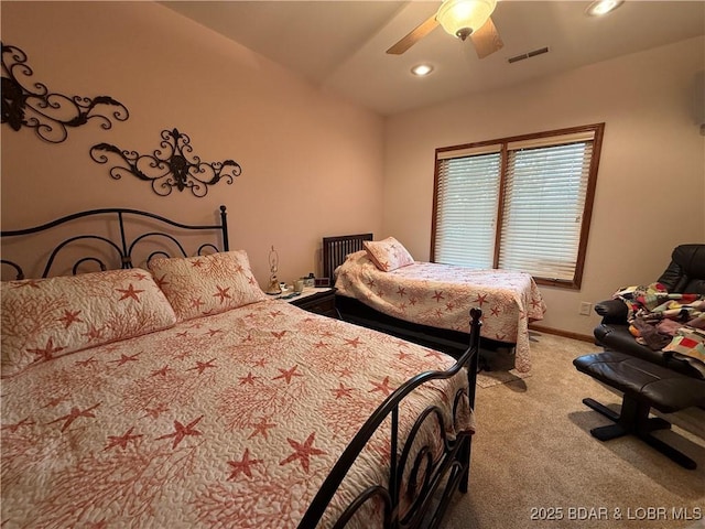 1396 Robyn Ct, Osage Beach, MO 65065 - bedroom featuring carpet, a ceiling fan, lofted ceiling, baseboards, and recessed lighting