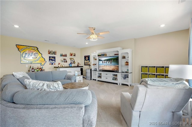 980 Eagle Dr, Lake Ozark, MO 65049 - living area with light colored carpet, a ceiling fan, and recessed lighting