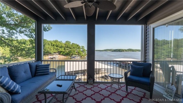 312 Windsor Bay Dr Unit 2A, Camdenton, MO 65020 - deck with ceiling fan, a water view, and outdoor lounge area