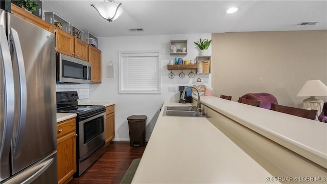 312 Windsor Bay Dr Unit 2A, Camdenton, MO 65020 - kitchen featuring appliances with stainless steel finishes, a sink, open shelves, dark wood-type flooring, and backsplash