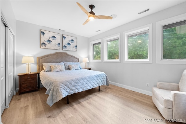 584 Black Hawk Dr, Lake Ozark, MO 65049 - bedroom with baseboards, light wood-style flooring, a closet, and ceiling fan