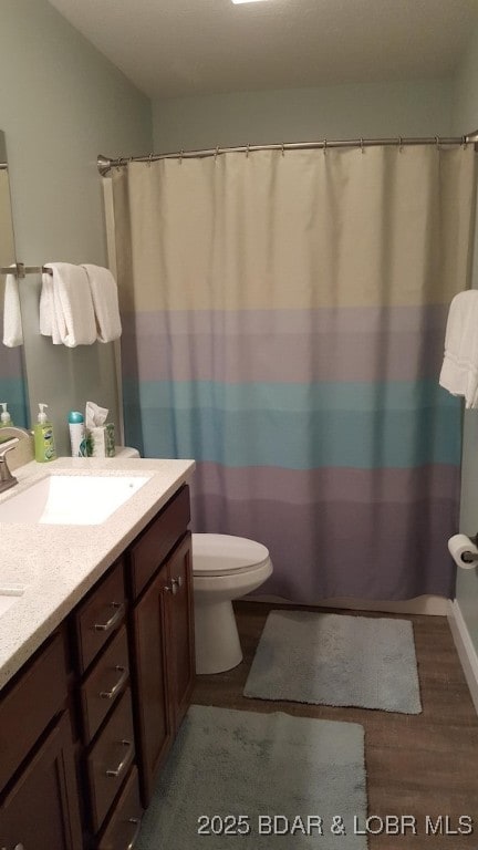 1481 Ledges Dr Unit 221, Osage Beach, MO 65065 - bathroom featuring wood finished floors, double vanity, toilet, and a shower with curtain