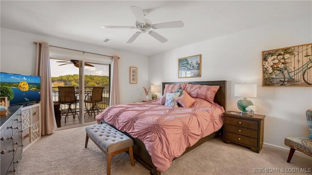 364 Cedar Heights Dr Unit 2D, Camdenton, MO 65020 - bedroom featuring light colored carpet, access to exterior, and ceiling fan