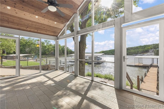 25 Redwood Ct, Sunrise Beach, MO 65079 - unfurnished sunroom featuring a water view, vaulted ceiling, a ceiling fan, and plenty of natural light