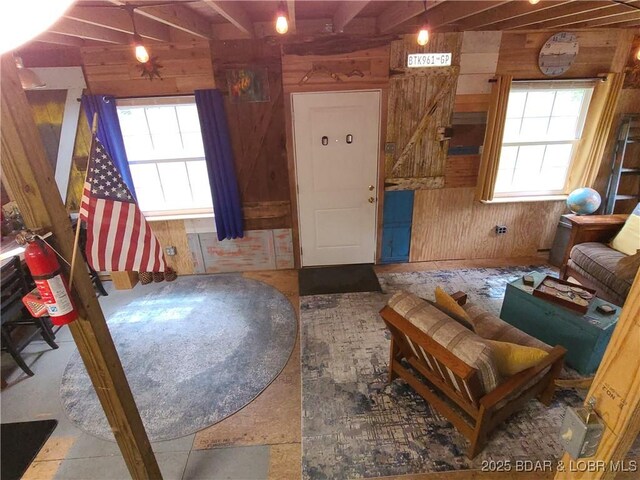 31025 Broken Circle Rd, Stover, MO 65078 - living room featuring wood walls