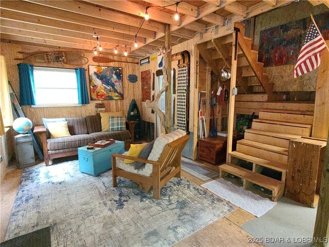 31025 Broken Circle Rd, Stover, MO 65078 - sitting room with stairs and wood walls