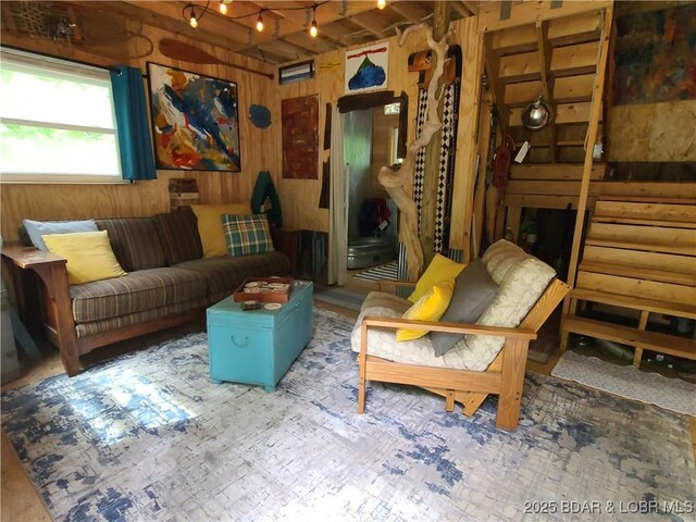 31025 Broken Circle Rd, Stover, MO 65078 - living room featuring wood walls
