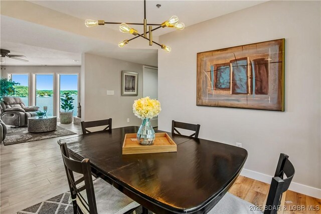701 Cedar Rd Unit 1A, Lake Ozark, MO 65049 - dining room featuring a chandelier, wood finished floors, baseboards, and ceiling fan