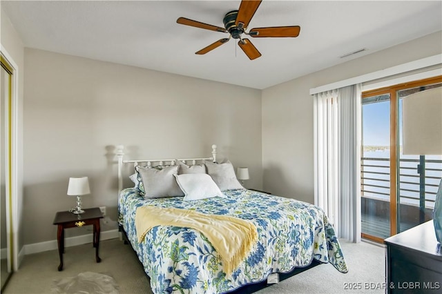 701 Cedar Rd Unit 1A, Lake Ozark, MO 65049 - bedroom with carpet flooring, access to exterior, baseboards, and a ceiling fan