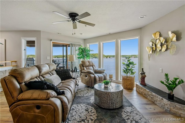701 Cedar Rd Unit 1A, Lake Ozark, MO 65049 - living room featuring wood finished floors, ceiling fan, and a water view