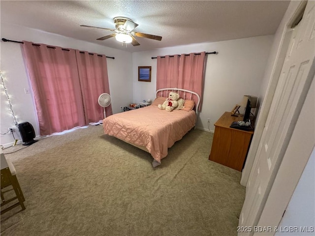 18400 Alum Springs Rd, Versailles, MO 65084 - bedroom featuring carpet, a textured ceiling, and ceiling fan