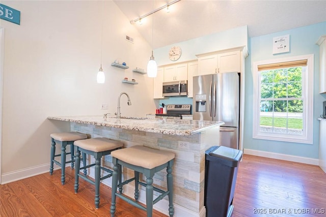 4066 Horseshoe Bend Pkwy Unit 3A, Lake Ozark, MO 65049 - kitchen with appliances with stainless steel finishes, a sink, rail lighting, a peninsula, and a kitchen bar