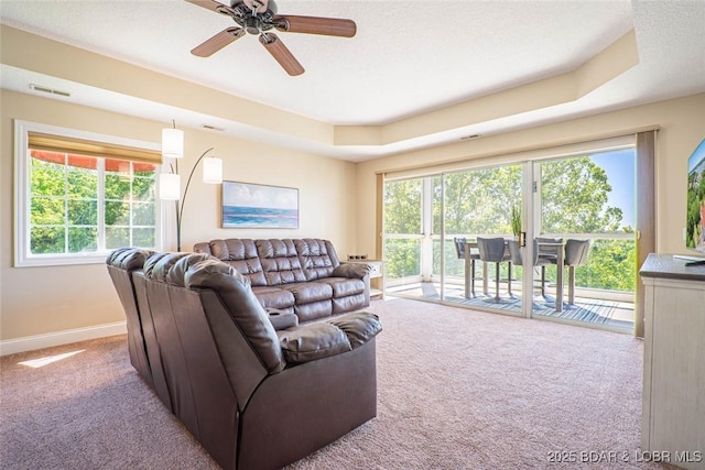 4066 Horseshoe Bend Pkwy Unit 3A, Lake Ozark, MO 65049 - living area featuring carpet flooring, a tray ceiling, ceiling fan, and plenty of natural light