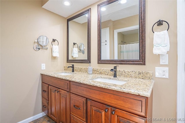 4066 Horseshoe Bend Pkwy Unit 3A, Lake Ozark, MO 65049 - full bath featuring double vanity, baseboards, recessed lighting, and tile patterned floors