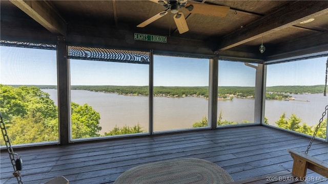 1265 Singing Oaks Dr, Sunrise Beach, MO 65079 - unfurnished sunroom featuring a water view, ceiling fan, and healthy amount of natural light