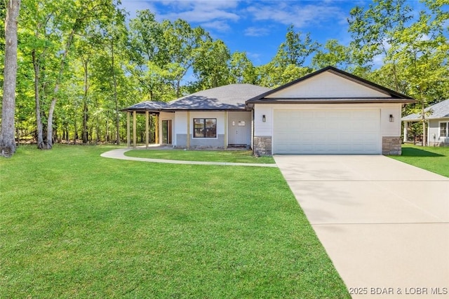 535 Grand Point Blvd, Sunrise Beach, MO 65079 - ranch-style house with an attached garage, concrete driveway, a front yard, and stone siding