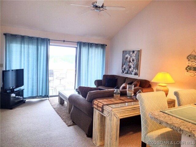 2500 Bay Point Ln Unit 342, Osage Beach, MO 65020 - carpeted living room featuring a ceiling fan and vaulted ceiling