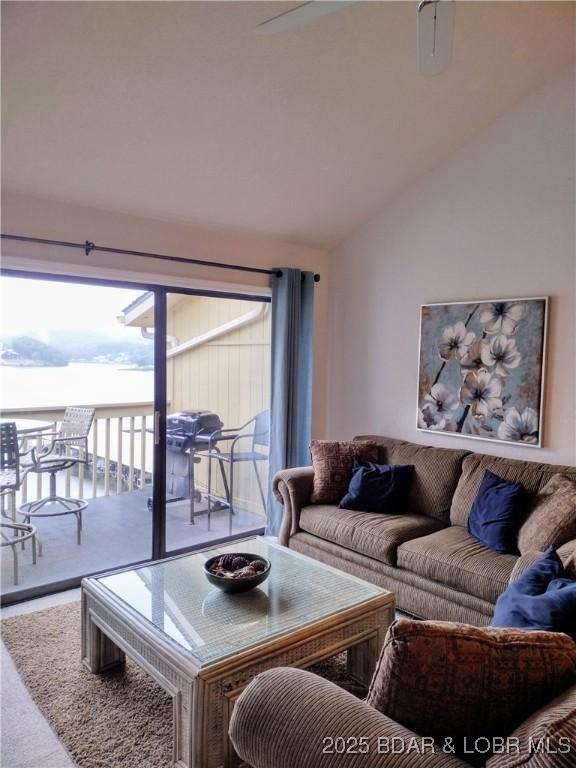 2500 Bay Point Ln Unit 342, Osage Beach, MO 65020 - carpeted living area featuring lofted ceiling and plenty of natural light