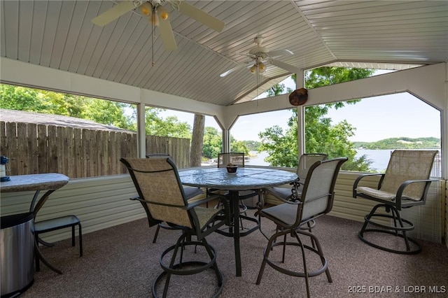 55 Nonsuch Ct, Lake Ozark, MO 65049 - sunroom / solarium featuring ceiling fan, a water view, and lofted ceiling
