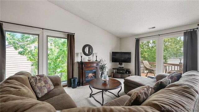 111 Rock Dove Ln Unit 3A, Camdenton, MO 65020 - carpeted living room with lofted ceiling and a glass covered fireplace