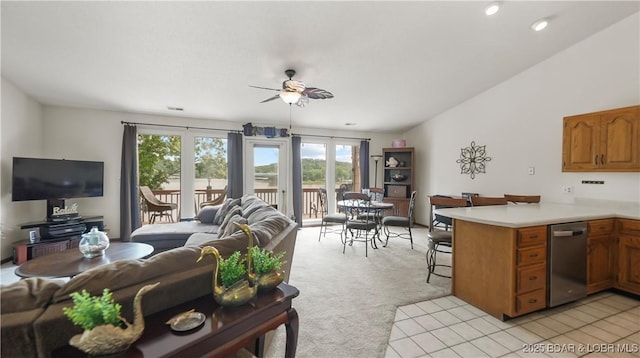111 Rock Dove Ln Unit 3A, Camdenton, MO 65020 - living area featuring a ceiling fan, light carpet, and recessed lighting